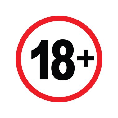Çember rozet 18 + 18 + yaş sınırlaması kırmızı plastik etiket çizimi izole edildi. Damga Etiketi 18 + işaret simgesi. Yetişkinler sadece amblem pankartına izin verir. Halka açık ortam simgesindeki alarm düğmesi.