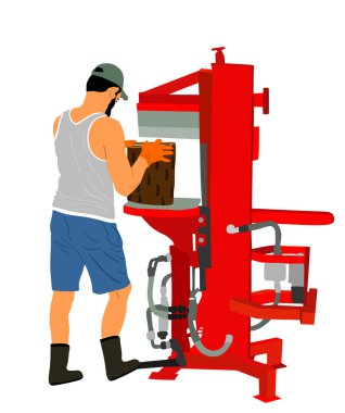 Çalışkan adam odun parçalayıcı vektör çiziminde odun kesiyor. Ağaç kesme tahtaları. İşçi çocuk, odunları hidrolik kütük ayırıcı makinesiyle kırıyor. Oduncu yüksek basınç ile çalışır..