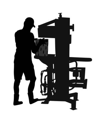 Çalışkan adam odun kırıcı vektör siluetinde odun kesiyor. Ağaç kesme tahtaları. İşçi çocuk, odunları hidrolik kütük ayırıcı makinesiyle kırıyor. Oduncu yüksek basınç ile çalışır..