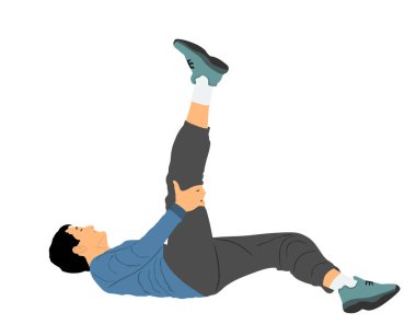 Yaralı bacağı ağrılı bir adam yere uzanmış vektör illüstrasyonunda izole edilmiş. Trafik kazası geçiren hastanın tıbbi yardıma ihtiyacı var. İlk yardım kurbanı. Sporcu çocuk esniyor ve sinsice yaklaşıyor..