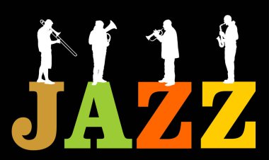 Caz müziği vektör silueti çizimi izole edildi. Pirinç bandosu rüzgar enstrümanı konser caz etkinliği çalıyor. Orkestra klarneti, trompet, borazan, saksafon, trombon. Müzisyen erkekler saksafon grubu.