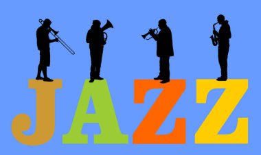 Caz müziği vektör silueti çizimi izole edildi. Pirinç bandosu rüzgar enstrümanı konser caz etkinliği çalıyor. Orkestra klarneti, trompet, borazan, saksafon, trombon. Müzisyen erkekler saksafon grubu.