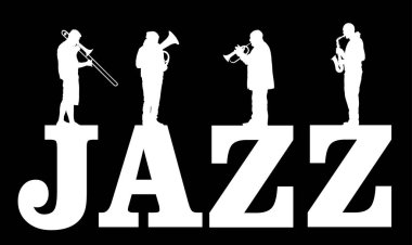 Caz müziği vektör silueti çizimi izole edildi. Pirinç bandosu rüzgar enstrümanı konser caz etkinliği çalıyor. Orkestra klarneti, trompet, borazan, saksafon, trombon. Müzisyen erkekler saksafon grubu.