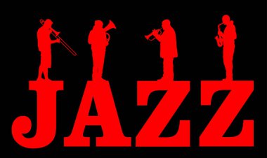 Caz müziği vektör silueti çizimi izole edildi. Pirinç bandosu rüzgar enstrümanı konser caz etkinliği çalıyor. Orkestra klarneti, trompet, borazan, saksafon, trombon. Müzisyen erkekler saksafon grubu.
