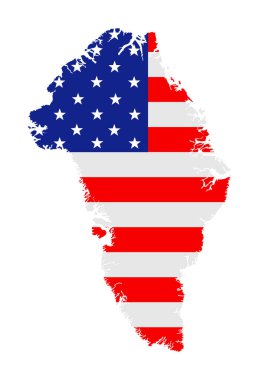 Grönland haritası silueti ABD bayrak vektör illüstrasyonuyla izole edilmiş. Ulusal sembolü Birleşik Amerika Grönland Danimarka topraklarıyla ortaklık. ABD amblemi Avrupa askeri üssü.