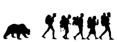 Aç boz ayı dağcı yürüyüşçüleri takip ediyor. Açık hava vektör silueti üzerinde yürüyen turistleri takip ediyor. Aktif aile bireyleri dağda doğa yürüyüşü yapıyor. Doğa parkında tehlike