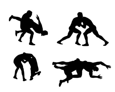 Güreşçilerin dövüş takımı, sporcu kaslı adam güreş vektör silueti çizimi izole edilmiş. Jimnastik dövüş sanatı. Avcı savunma becerileri. Güreşçi oyunu Yunan Roma dövüş stili düello.