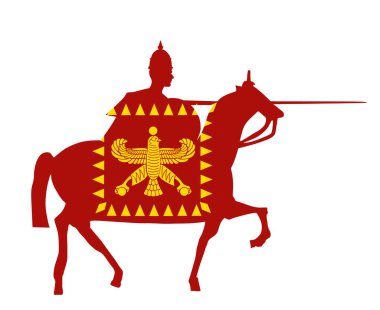 Savaş vektörü siluetinde zırhlı miğferi ve mızrak süren Pers İmparatorluğu bayrak şövalyesi. Antik süvari Achaemenid askeri. Tarihsel cesur atlı savaşçı şekil sembolü