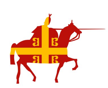 Zırhlı miğferli ve mızraklı at süren Bizans bayrak şövalyesi savaş vektör silüetinde izole edilmiş. Ortaçağ şövalyesi antik asker kaleyi korur. Cesur atlı savaşçı şekil sembolü..