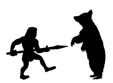 Mızrakla mücadele eden tarih öncesi avcı arka bacaklı ayı vektör silueti çizimi izole edildi. Erkek mağara adamı boz ayı avlıyor. İlkel içgüdü vahşi hayvan hedefini öldürür..