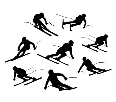 Kış sporu kayakçısı vektör silüeti çizimi izole edildi. Kayak yetenekleri açık havada aşırı hareketliliği engeller. Kayak sporcusu silueti hareketi. Sporcu kar yarışı hızlı gölge vücut figürü. Cesur çocuk..