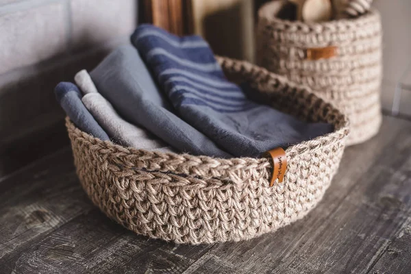 Eco Vriendelijke Jute Gebreide Manden Met Herbruikbare Keukendoek Geen Afval — Stockfoto