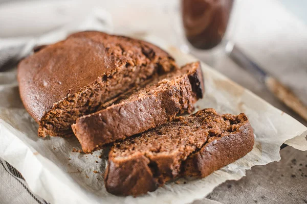 Pan Plátano Rebanado Con Café Pasrty Vegano Concepto Panadería Casera — Foto de Stock