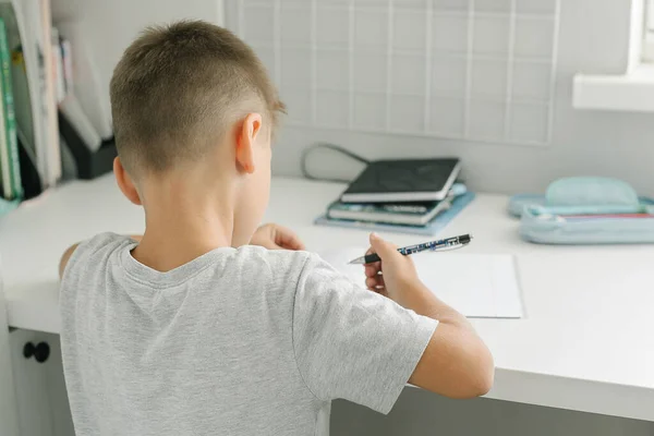 Caucasian schoolboy boy doing school homework. Homeschooling concept — Stock Photo, Image