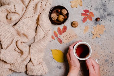 Sıcak içecek konsepti. Siyah çay, kazak, fındık ve sonbahar yapraklarını tutan kadın elleri..