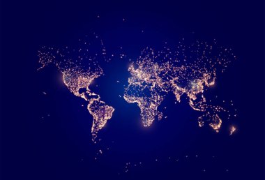Dünya gece haritası. Şehirlerin uzaydan gelen ışıklarının vektör çizimi. Koyu harita