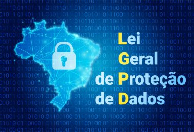 LGPD - Brezilya Veri Koruma Dairesi DPA, Lei Geral de Prote o de Dados altında haklar - İspanyolca. Brezilya 'nın kilit ve haritalı vektör arkaplanı