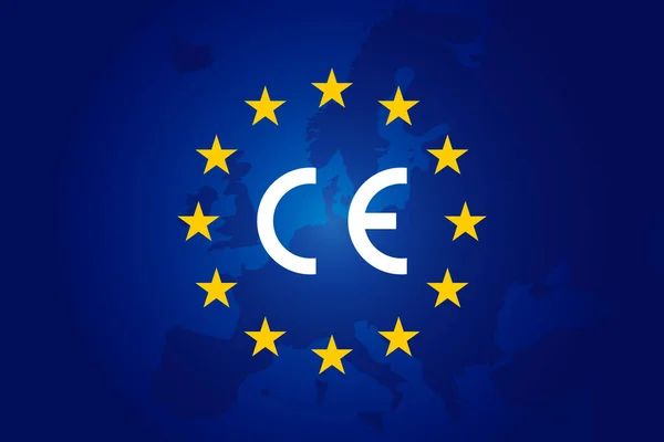 CE standart işareti. Avrupa Ekonomik Alanı 'nda satılan ürünler için simge - AÇA. Avrupa Birliği rengi, bayrak, yıldız işareti. Vektör CE Avrupa Uyumluluğu - logo. Mavi arkaplan grafiği