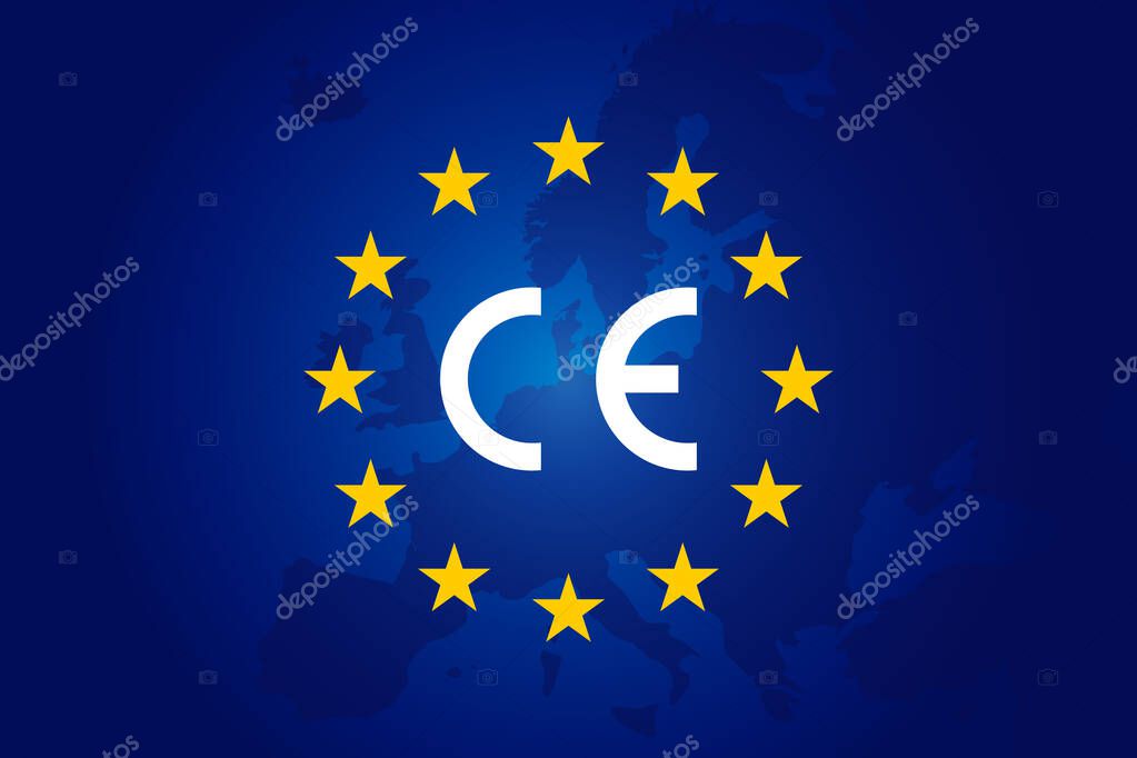 CE standard mark. Icon for products sold within the European Economic Area - EEA. Europe Union color, flag, stars sign. Vector CE European Conformity - logo. Blue background