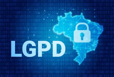 LGPD - Brezilya Veri Koruma Dairesi DPA, Lei Geral de Prote o de Dados altında haklar - İspanyolca. Brezilya 'nın kilit ve haritalı vektör illüstrasyon arka planı