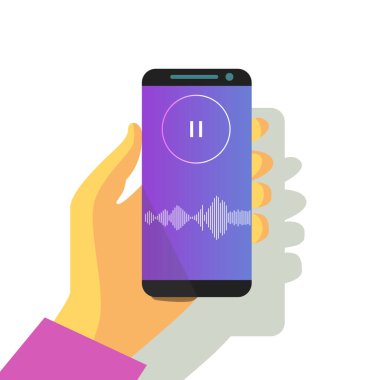 mobile phone in hand sound waveform pattern for music player, podcasts, video editor, voise message in social media chats, voice assistant, recorder. vector illustration clipart