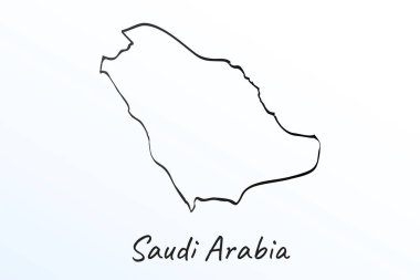 Suudi Arabistan 'ın el yapımı haritası. Siyah çizgi çizimi. Beyaz arka planda ana hatları çiz. Ülkenin el yazısı senaryosu. vektör resimleme arkaplanı