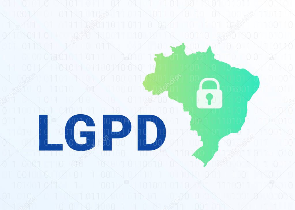 LGPD - the Lei Geral de Prote o de Dados Pessoais - Portuguese. English - General Personal Data Protection Law. Vector illustration background with lock and map of Brazil