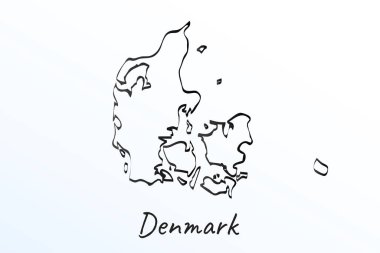 Danimarka el çizimi haritası. Siyah çizgi çizimi. Beyaz arka planda ana hatları çiz. Ülkenin el yazısı senaryosu. vektör resimleme arkaplanı