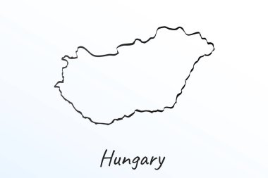 Macaristan el çizimi haritası. Siyah çizgi çizimi. Beyaz arka planda ana hatları çiz. Ülkenin el yazısı senaryosu. vektör resimleme arkaplanı