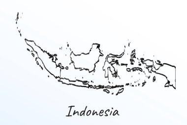 Endonezya 'nın el çizimi haritası. Siyah çizgi çizimi. Beyaz arka planda ana hatları çiz. Ülkenin el yazısı senaryosu. vektör resimleme arkaplanı