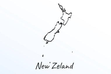 Yeni Zelanda el çizimi haritası. Siyah çizgi çizimi. Beyaz arka planda ana hatları çiz. Ülkenin el yazısı senaryosu. vektör resimleme arkaplanı