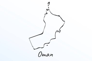 Umman 'ın el haritası. Siyah çizgi çizimi. Beyaz arka planda ana hatları çiz. Ülkenin el yazısı senaryosu. vektör resimleme arkaplanı