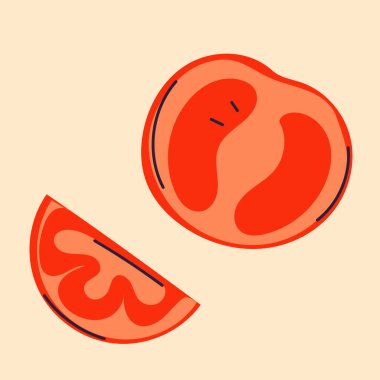 Domateslerin düz, karalamalı, minimalist tarzda vektör çizimi. Domates meyveleri, dilimler ve dallarla çizilmiş basit bir yemek tasarımı. Mutfak dekorasyonu, ambalaj, menüler ve sağlıklı gıda projeleri için mükemmel..