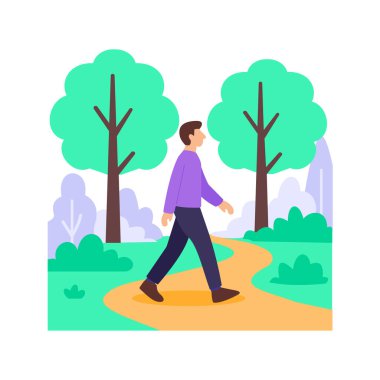 Orman Patikası. Huzurlu bir orman patikası boyunca yürüyen adam.