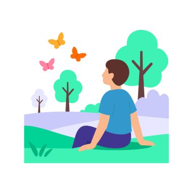 Kelebekleri izlemek, Çiçek açan bahçede kelebekleri gözlemleyen kız