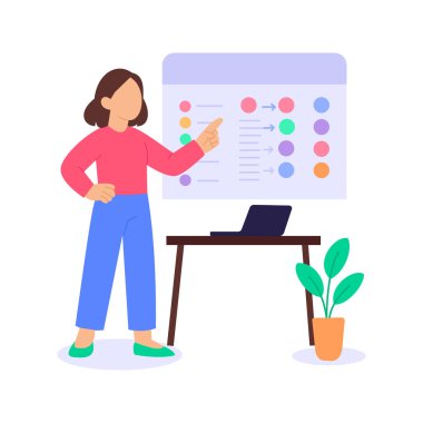 İpuçları atanıyor, satış ekibi arasında beklentiler dağıtılıyor, düz vektör karakter illüstrasyonu