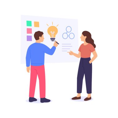 Beyin Fırtınası Oturumu, ortak büyüme için yenilikçi fikirler üretmek, düz vektör karakter çizimi