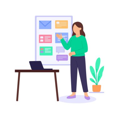 İletişim Planlama, etkili bilgi değişim stratejisi, düz vektör karakter illüstrasyonu