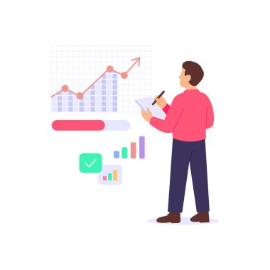 Proje Sonuçları, nihai sonuçlar ve hedeflerin değerlendirilmesi, Düz vektör karakter illüstrasyonu