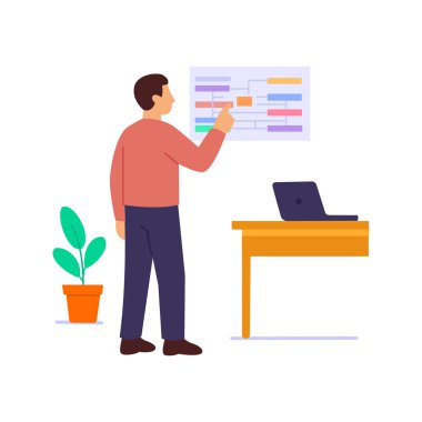 Proje Kontrol Paneli, görselleştirme metrikleri ve proje ilerlemesi, Düz vektör karakter illüstrasyonu