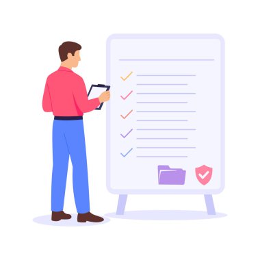 Uyum Listesi Doğrulaması, gerekli standartlara uyulduğunu doğrulama, düz vektör karakter illüstrasyonu