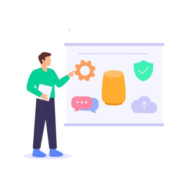 Ürün veya Hizmet Eğitimi, sunumlar hakkında takımların etkin bir şekilde eğitilmesi, düz vektör karakter çizimi