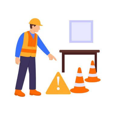 Tehlike tanımlama, işyeri güvenlik risklerinin değerlendirilmesi, düz vektör karakter çizimi