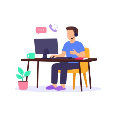 Evden Çalışma, uzak müşteri yardımı, düz vektör karakter illüstrasyonu