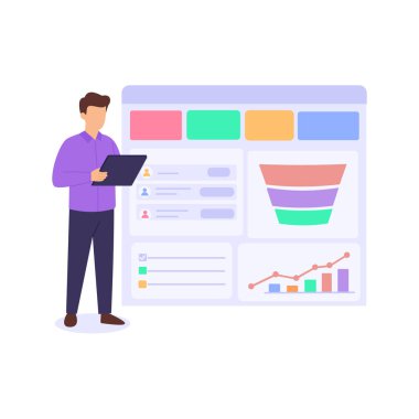 CRM Yazılım, müşteri verilerini ve etkileşimlerini yönetmek, düz vektör karakter çizimi