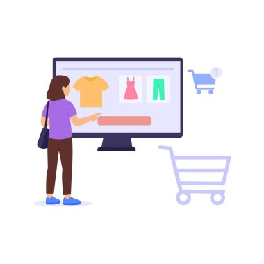 Öge Cart 'a ekleniyor, çevrimiçi satın alma için ürün seçiliyor, düz vektör karakter illüstrasyonu