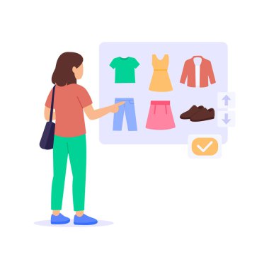 Outfit seçiliyor, şık görünüm için kıyafet seçiliyor, düz vektör karakter çizimi