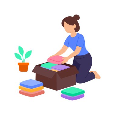 Giysileri paketlemek, nakliye için giysileri güvenli bir şekilde hazırlamak, düz vektör karakter çizimi