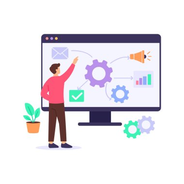 Pazarlama Otomasyonu, kampanyaların akıllı araçlarla modernleştirilmesi, düz vektör karakter çizimi