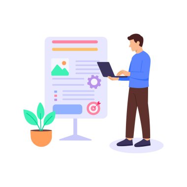 SEO İçerik Yazma, arama görünürlüğü için içeriği optimize etme, düz vektör karakter çizimi